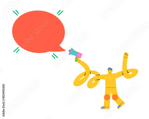 Man holding a megaphone with speech bubbles. Colorful vector illustration