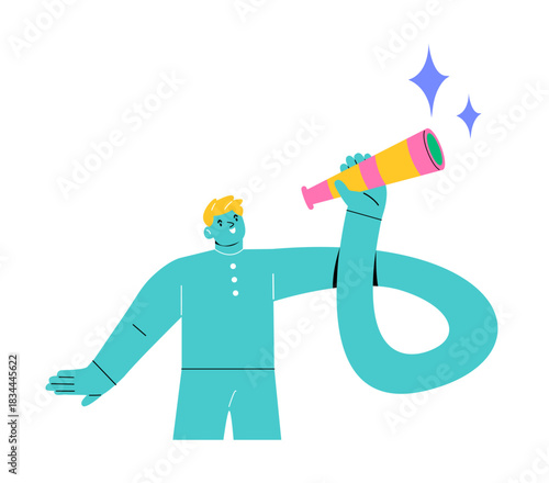 Man holding huge telescope. Colorful vector illustration