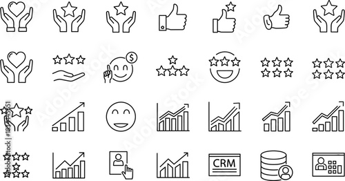 Customer experience icon vector set, black-and-white line symbols for feedback, ratings, and business analytics