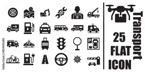 Transport service black flat icon set with wheel map mechanic tow truck fuel station taxi bus emergency vehicles and drone delivery 