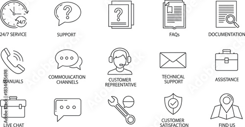 Customer service icon vector set, black-and-white labeled symbols for support, communication, and satisfaction