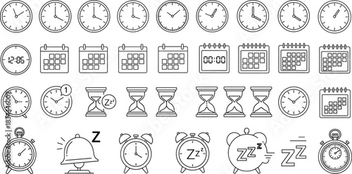 Time and sleep icon vector set, black-and-white line symbols for scheduling, rest, and productivity