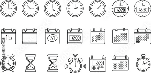 Time and scheduling icon vector set, black-and-white line symbols for clocks, calendars, and reminders