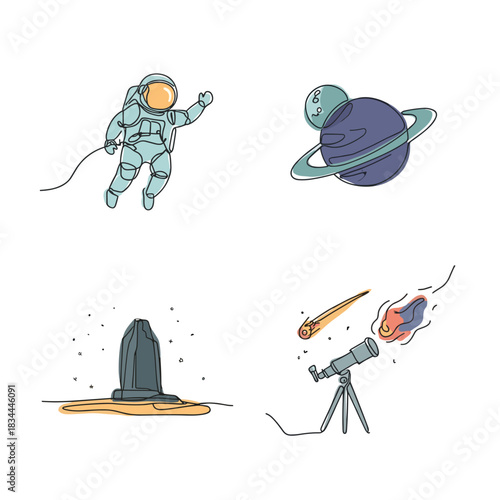 Astronaut floating in space near planets and telescopes observing comets  