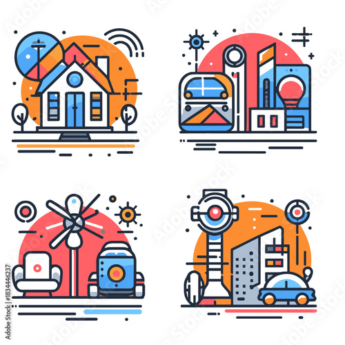 Modern city life illustrations showcasing homes, vehicles, and energy  