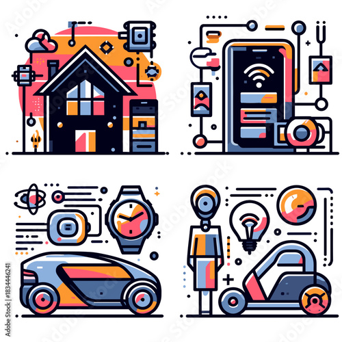 Futuristic technology illustration featuring smart home, gadgets, and vehicles  