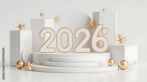Elegant 2026 new year celebration on white platform with gold accents