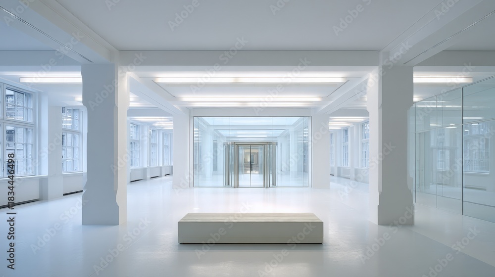 Naklejka premium Bright Modern Office Space with White Columns and Glass Walls, Clean Architecture and Minimalist Design