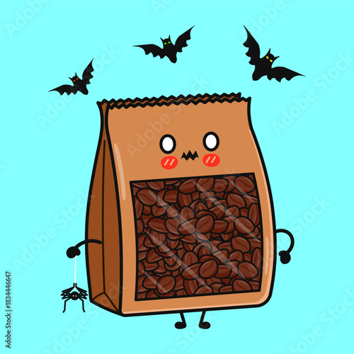Kawaii coffee bag character celebrating Halloween with bats