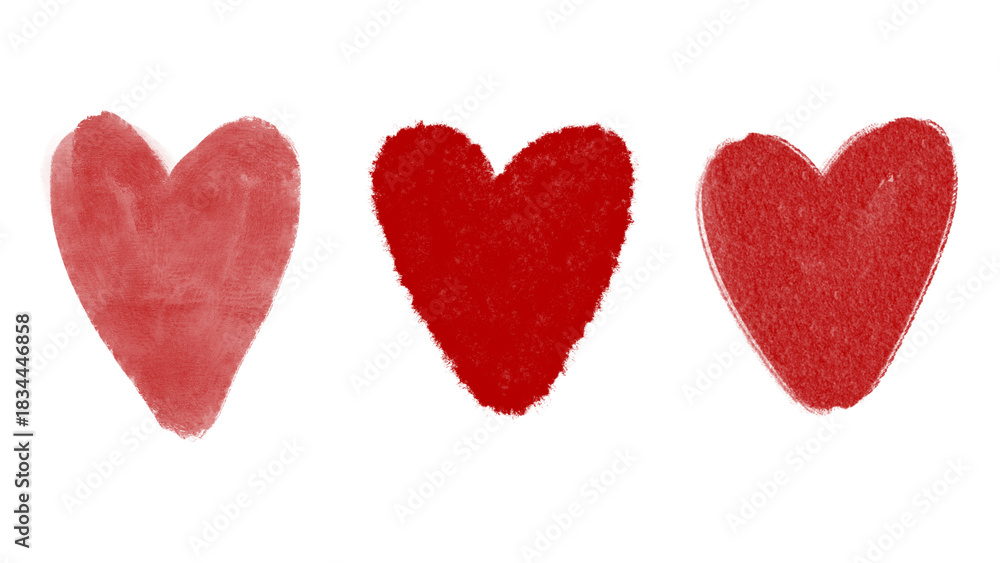 Fototapeta premium Three hand painted hearts in red on transparent background. Artistic texture and brushstroke style. For Valentine's Day, love-themed designs, or romantic creative projects. PNG. Watercolor-style heart