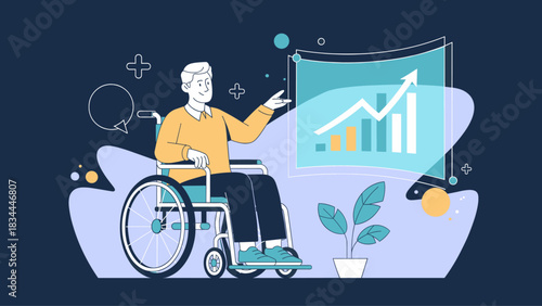 man in a wheelchair presenting a growth chart on a screen, vector illustration for an inclusive workplace and business success