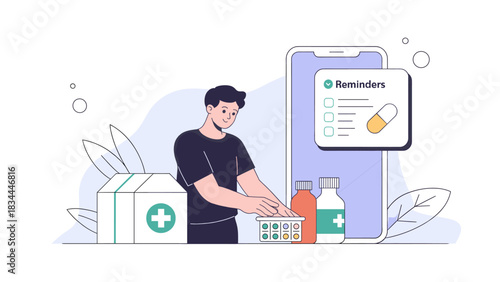 man organizing medications with a reminder app on his phone, vector illustration for medication management, online pharmacy, and prescription delivery