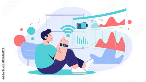 man interacting with a dashboard from his smartwatch, vector illustration for smart home technology and the internet of things