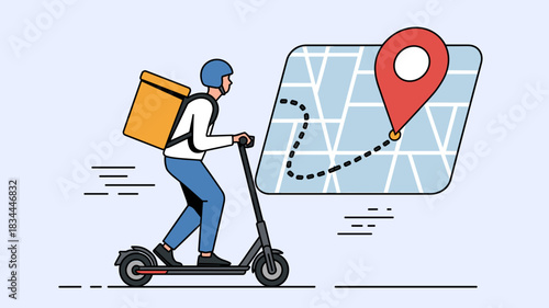 delivery person on an electric scooter following a map route, vector illustration for urban courier service and last-mile logistics