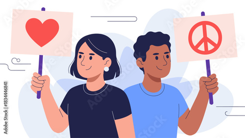 diverse couple holding love and peace signs, vector illustration for activism, unity, and social harmony