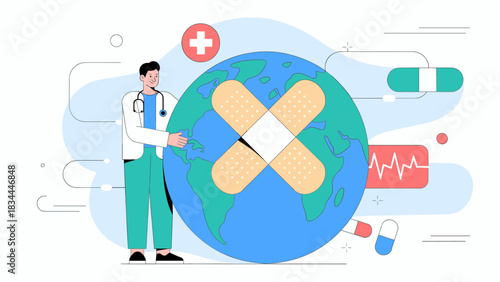 doctor caring for a bandaged planet earth, vector illustration for global healthcare and world health day