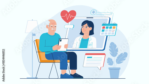 elderly man having an online consultation with a female doctor, vector illustration for telemedicine, senior care, and virtual healthcare