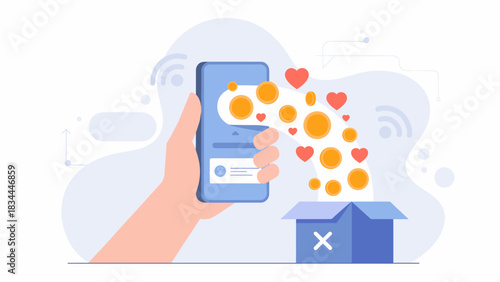 hand sending money and hearts from a smartphone into a box, vector illustration for online donation, digital charity, and mobile fundraising