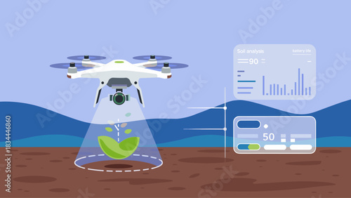 drone analyzing a sapling in a field, vector illustration for smart reforestation, environmental technology, and precision agriculture