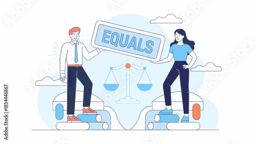 man and woman holding an equals sign with a balanced scale, vector illustration for gender equality, fairness, and social justice
