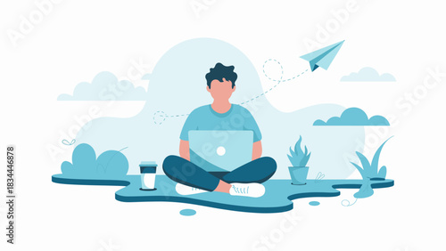 man working on a laptop in a serene setting, vector illustration for digital nomad lifestyle and remote work freedom