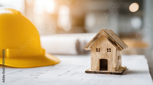 Construction Planning with Miniature House, Hard Hat and Blueprints, Showing Architectural Design and Safety Measures