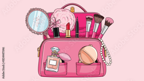 Glamorous journey: a vibrant pink makeup bag with assorted beauty essentials displayed vividly