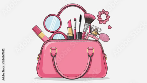 Pink handbag overflowing with beauty essentials for everyday glamour and sophistication