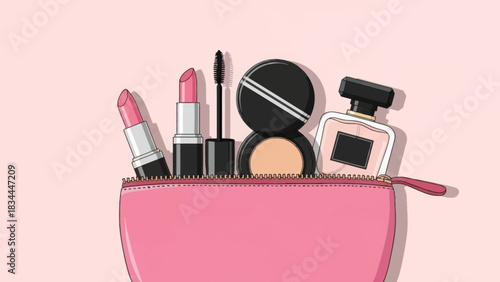 Charming cosmetic bag illustration featuring various beauty products on pastel background