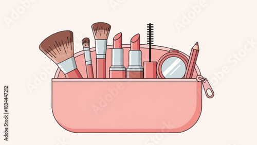 Pink cosmetic bag filled with brushes lipsticks and other makeup essentials ready for application