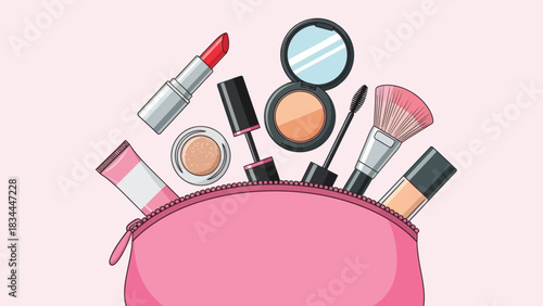 Whimsical makeup bag overflowing with vibrant beauty essentials illustration on pastel background