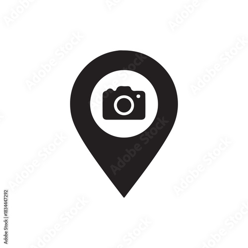Filled vector of a map pin with a small camera symbol inside on white back ground