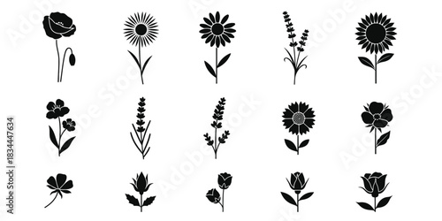 Collection of black and white flower silhouettes on a white background
