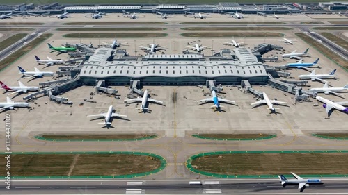 Aerial view of busy airport terminal with many airplanes at gates and on tarmac motion animated video 4k.
