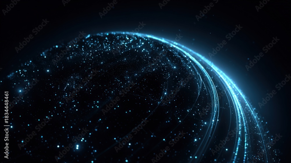 Obraz premium Abstract futuristic background with glowing blue particle streams, representing technology, innovation, and global connectivity