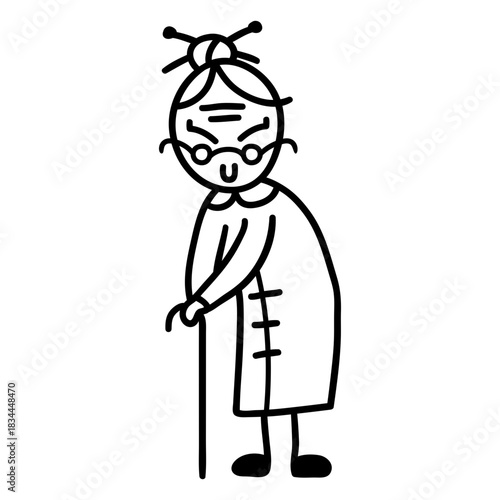 Asian old lady with walking stick