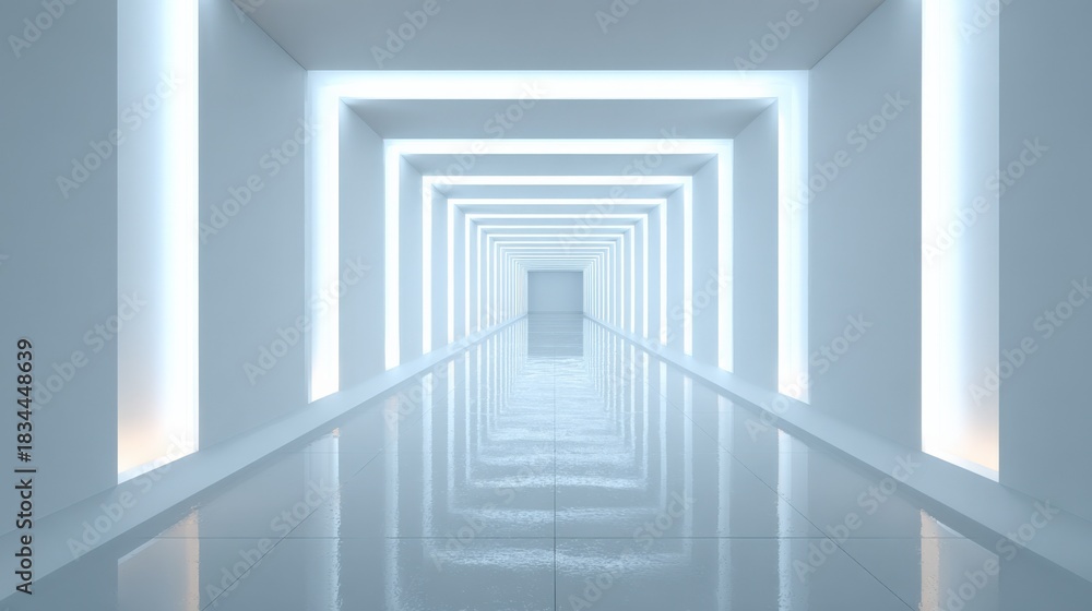 Fototapeta premium Abstract Modern Architecture Hallway with Symmetrical Lighting and Perspective, Creating a Sense of Depth and Spaciousness