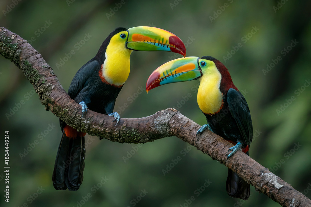 Obraz premium Vibrant Keel-Billed Toucans: Mating Pair on Branch