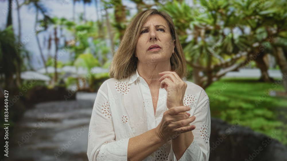 Fototapeta premium Woman in white blouse touches wrist while squinting and examining hand amid green foliage in forest; concern.