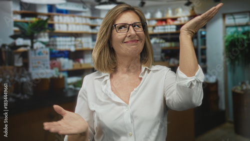 Tablou pe pânză Woman wearing glasses and white shirt gestures with open palms amid shelves in pharmacy building; confidence