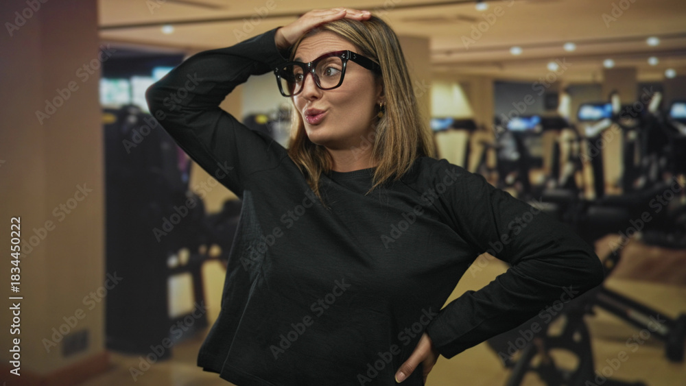 Fototapeta premium Woman with hand on head and mouth open wearing glasses in gym with cardio machines and bench visible; surprise playful determination.