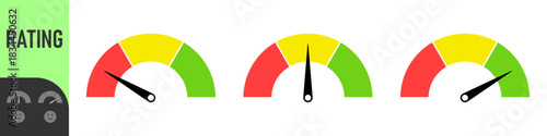 Colorful rating meter icons, Gauges and emoji with happy, neutral, and sad faces showing satisfaction performance levels from low (red) to high (green) for feedback, review, and evaluation