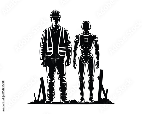 Worker and Robot Standing Together Partnership