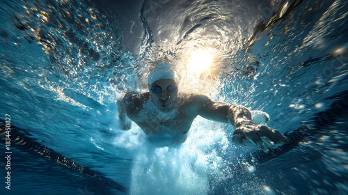 Wallpaper Mural Un nageur sous l'eau, se déplaçant rapidement dans une piscine pendant une compétition. Torontodigital.ca