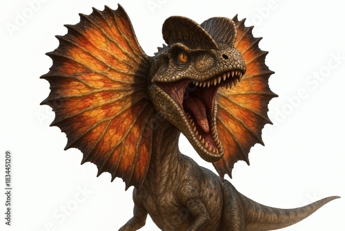 Dilophosaurus Dinosaur Close-Up, Roaring Prehistoric Reptile Isolated on White Background