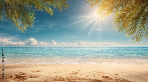 A serene beach scene with soft golden sand and clear turquoise water gently lapping the shore. Palm trees frame the view under a bright sun creating a tranquil atmosphere.