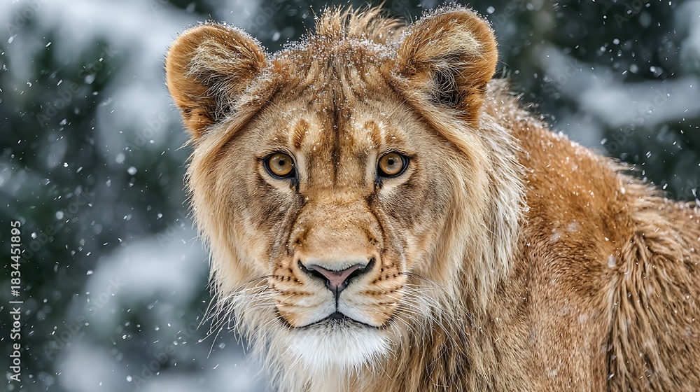 Obraz premium Close Up Portrait Of A Lioness In Winter Snow female animal Photo