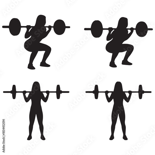 Weightlifting silhouettes set. Bodybuilder man and woman performing barbell squats and deadlifts workout vector illustration.