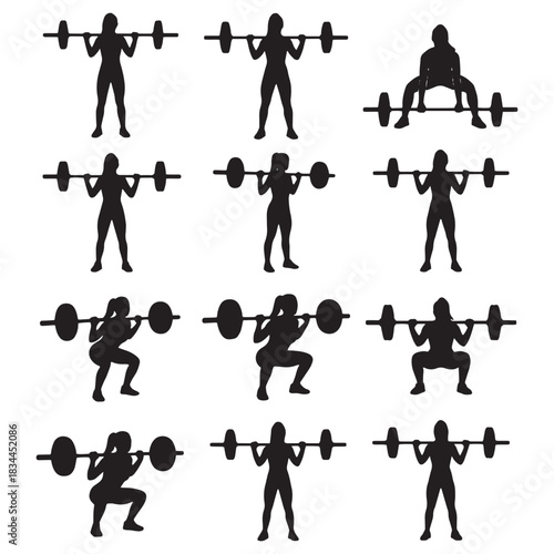 Weightlifting workout silhouettes set. Men and women performing barbell squats and deadlifts fitness exercises vector illustration.