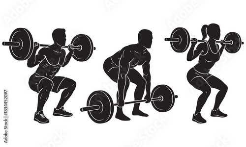 Bodybuilder weightlifting silhouettes. Men and woman performing barbell squats and deadlifts workout vector illustration